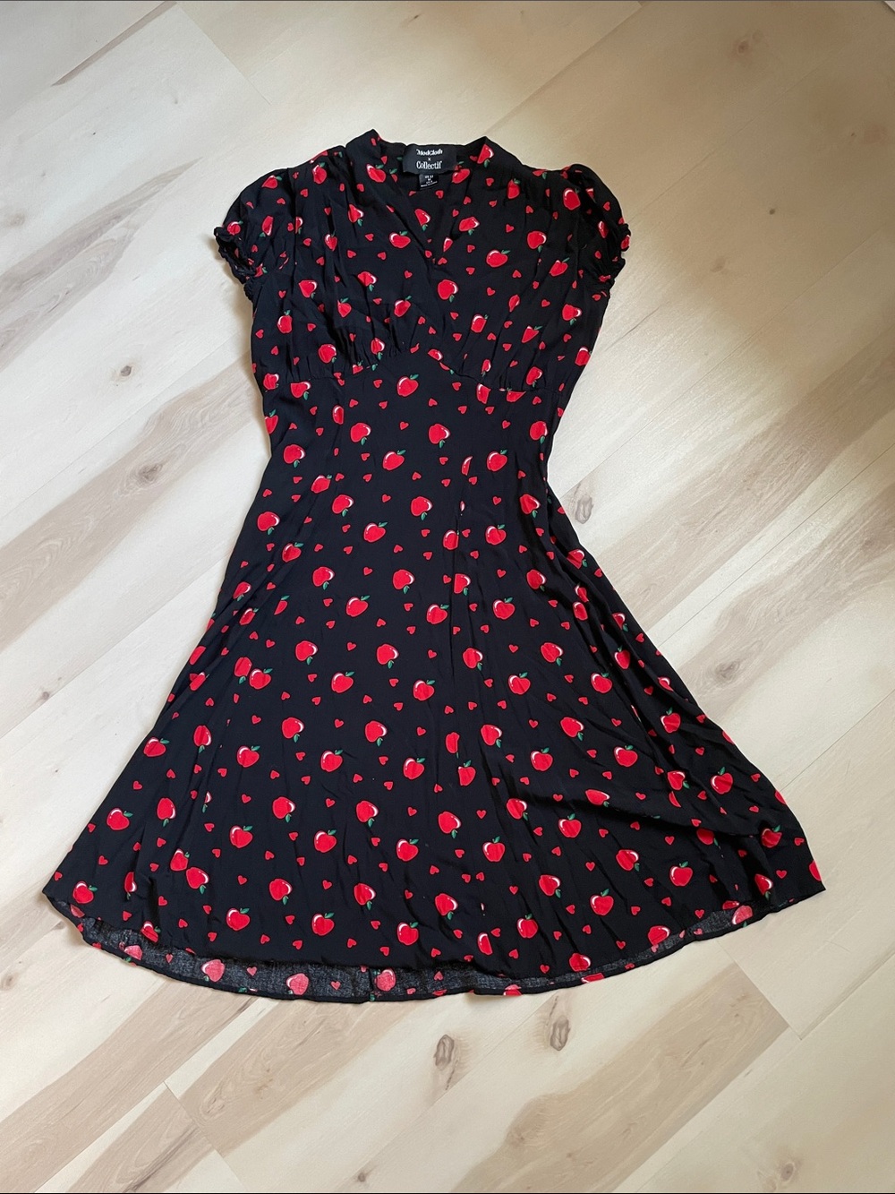 ModCloth Collectif Black Dress with Red Apple Motif